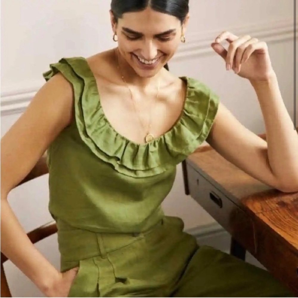 Boden NWT 100% Linen Army Green Linen Ruffle Tank Size 10
